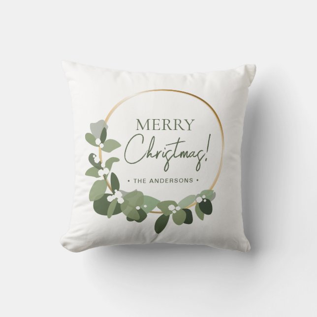 Modern Family Christmas Wreath Merry Christmas Throw Pillow (Front)