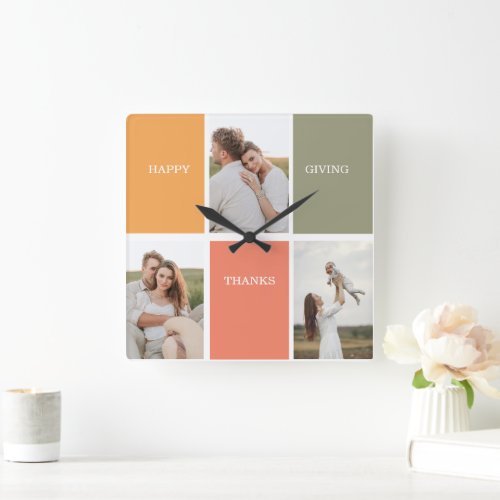 Modern Family Collage Photo  Happy Thanksgiving Square Wall Clock