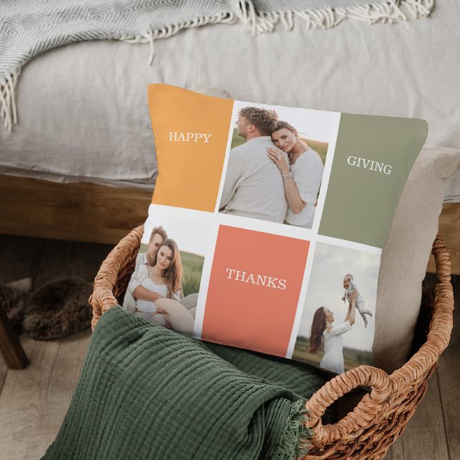 Modern Family Collage Photo | Happy Thanksgiving Throw Pillow (Creator Uploaded)