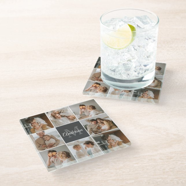 Modern Family Collage Photo & Personalized Gift Glass Coaster (Angled)