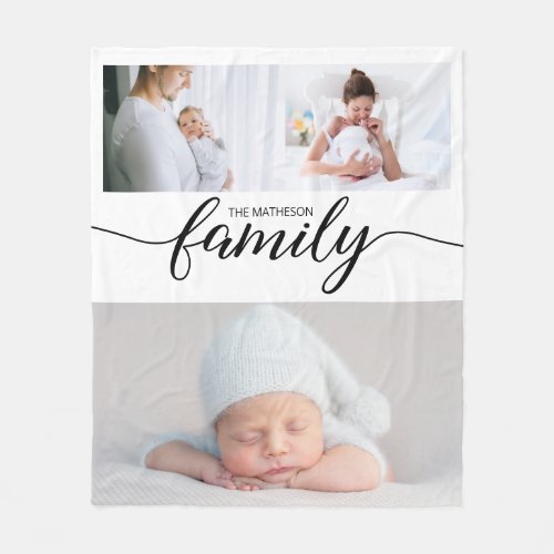 Modern Family Elegant Script Personalized Photos Fleece Blanket