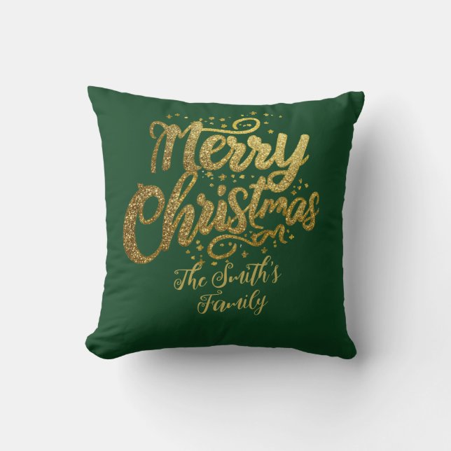 Modern Family Gold Glitter Script Christmas  Throw Pillow (Front)