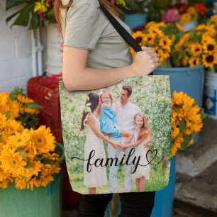 Modern Family Heart Calligraphy Photo Tote Bag