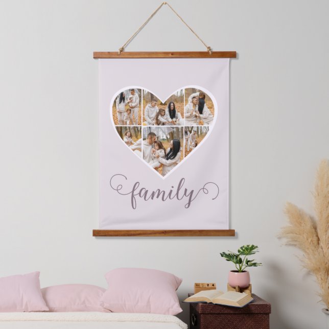 Modern FAMILY Heart Photo Collage Love Script Hanging Tapestry (Bedroom)