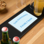 Modern Family Home Whiskey Tiki Grill Coffee Blue Bar Mat<br><div class="desc">Create your own custom, personalized, modern elegant design dark blue calligraphy typography script font monogrammed on light baby blue background, chic stylish cool funky classy fun, durable molded PVC, Bar and Grill Mat, featuring a slotted surface to effectively capture spilled drinks. Simply type in your family name / bar name...</div>