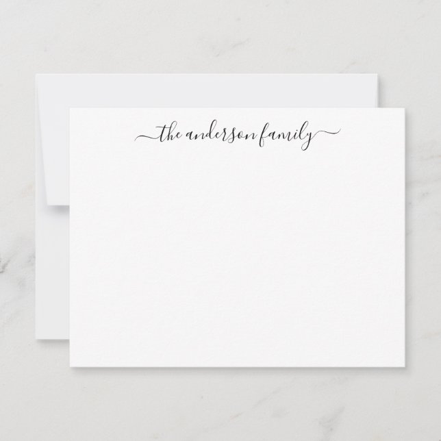 Modern Family Last Name Black Script Calligraphy Note Card (Front)