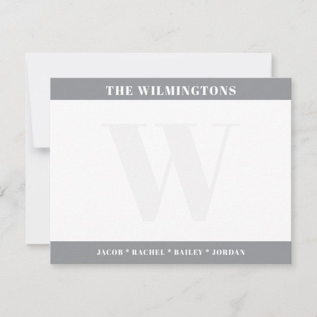 Modern Family Last Name Initial Gray Stationery Note Card (Front)