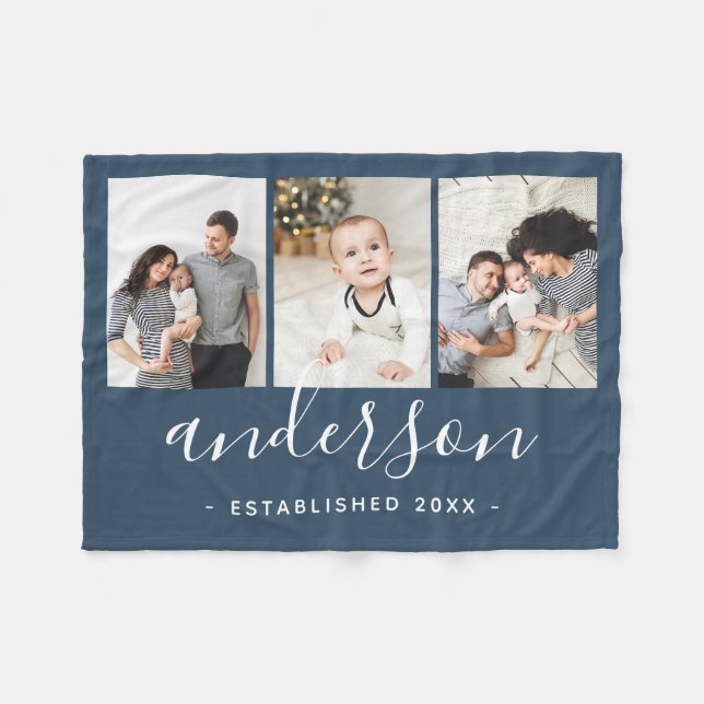 Modern Family Monogram 3 Photo Collage Fleece Blanket (Front (Horizontal))