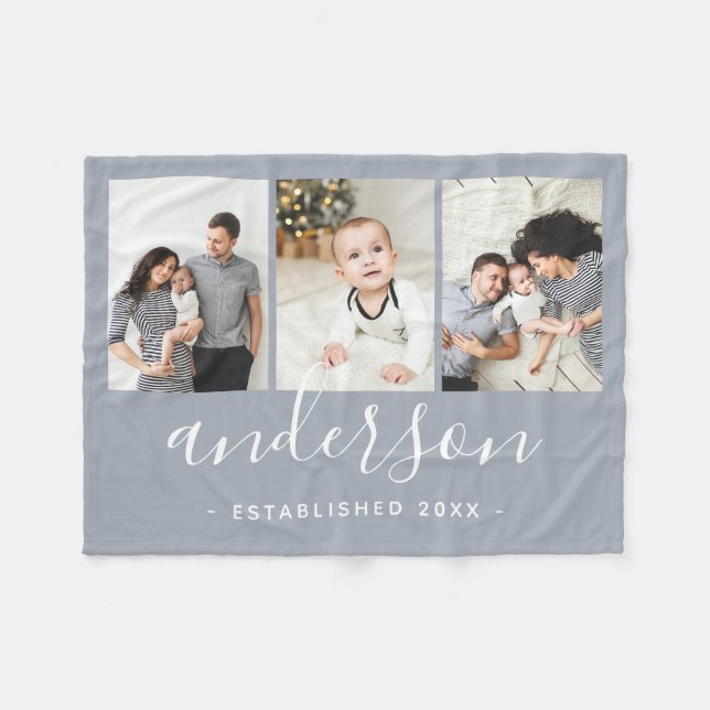 Modern Family Monogram 3 Photo Collage Fleece Blanket (Front (Horizontal))