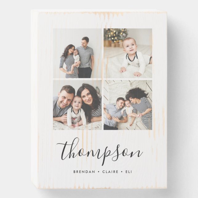 Modern Family Monogram 4 Photo Collage Wooden Box Sign (Front Vertical)
