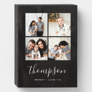 Modern Family Monogram 4 Photo Collage Wooden Box Sign