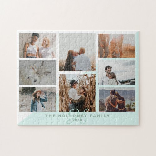 Modern family monogram 8 photo grid collage teal jigsaw puzzle