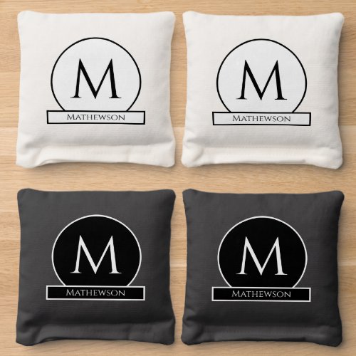 Modern Family monogram  black and white Cornhole Bags