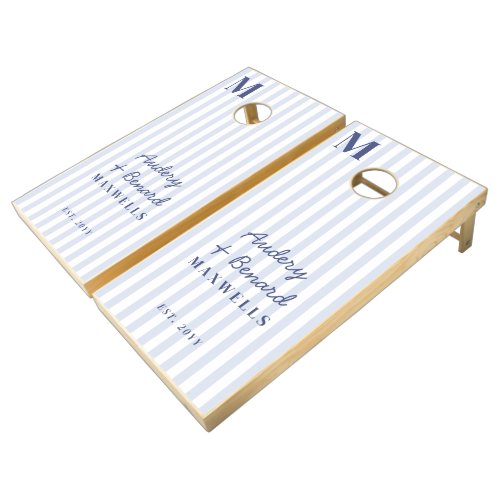 Modern Family Monogram Blue White Stripes Wedding Cornhole Set