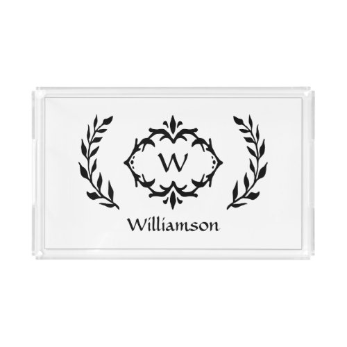 Modern Family Monogram Elegant Wreath Black White Acrylic Tray