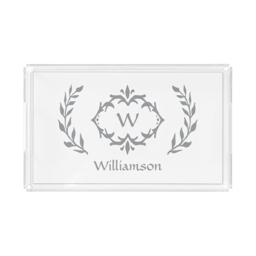 Modern Family Monogram Elegant Wreath Gray White Acrylic Tray