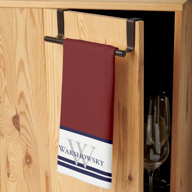 Modern Family monogram Maroon Red Kitchen Towel (Thirds Fold)