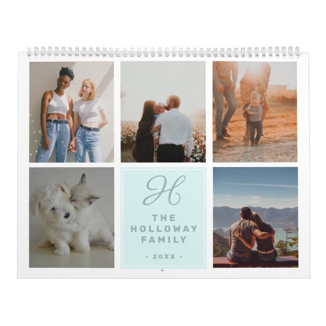 Modern family monogram name teal 17 photo collage calendar (Cover)