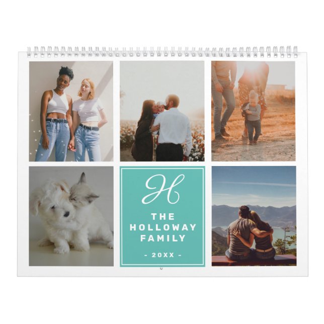 Modern family monogram name teal 17 photos collage calendar (Cover)