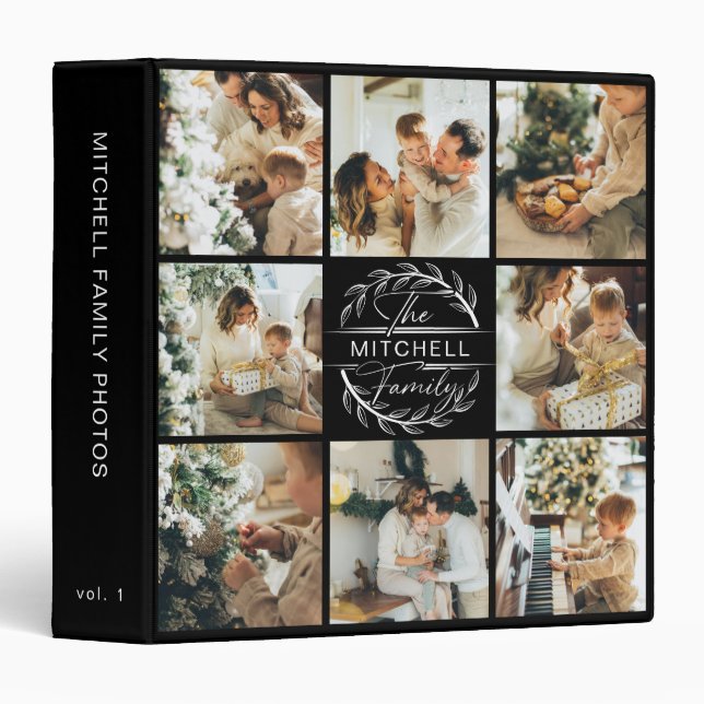 Modern Family Monogram Photo Collage Album Black 3 Ring Binder (Front/Spine)