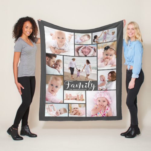 Modern Family Name 13 Photo Collage Your Color  Fleece Blanket
