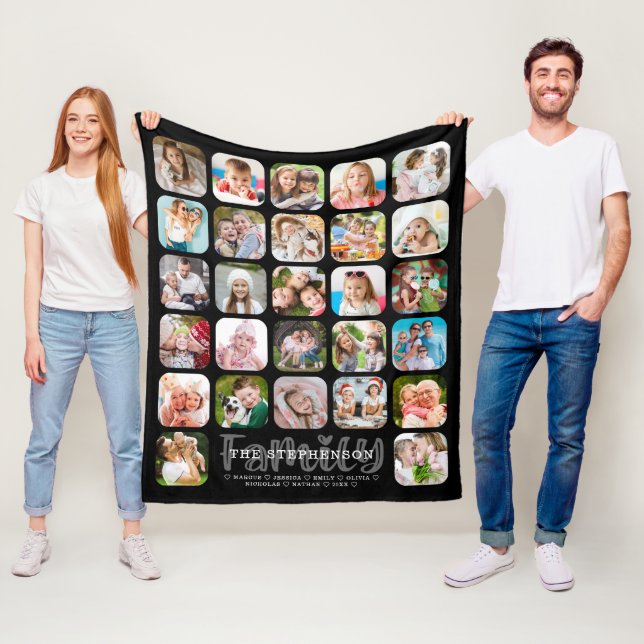 Modern FAMILY Name 27 Photo Collage Personalized Fleece Blanket (In Situ)