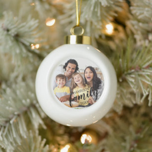 Modern FAMILY Name 2 Photos Script Custom Color Ceramic Ball Christmas Ornament