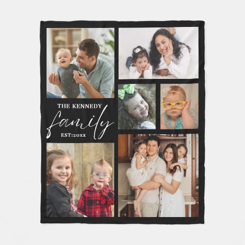 Modern Family Name 6 Photo Collage Black Fleece Blanket