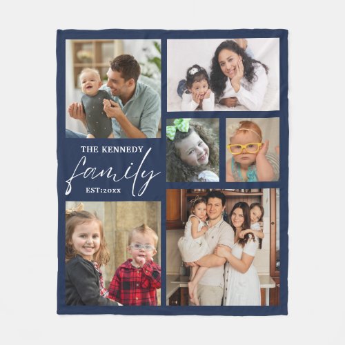 Modern Family Name 6 Photo Collage Blue Fleece Blanket
