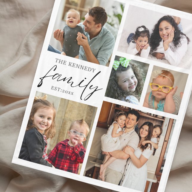 Modern Family Name 6 Photo Collage White Fleece Blanket (Creator Uploaded)