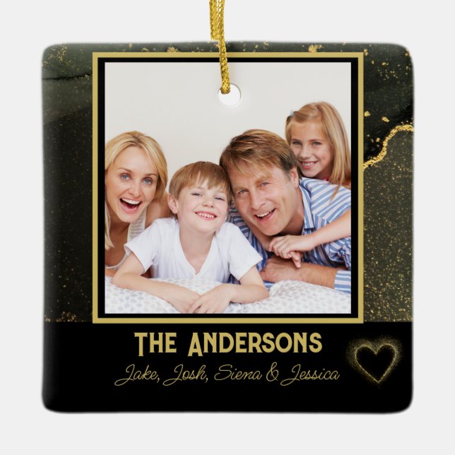Modern Family name and photo black and gold  Ceramic Ornament (Front)