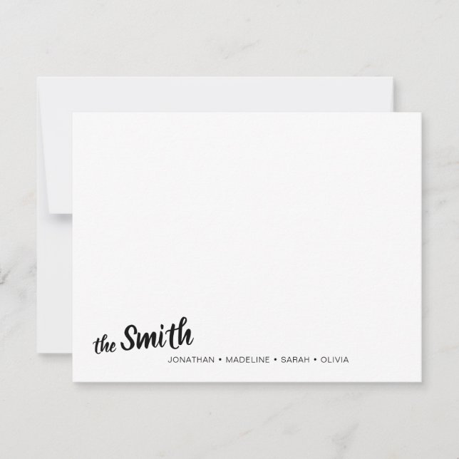 Modern Family Name Black Script Typography Note Card (Front)