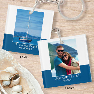 Modern Family Name Custom 2 Photo Blue White Keychain