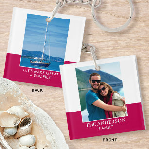 Modern Family Name Custom 2 Photo Deep Pink Keychain