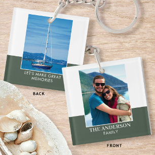 Modern Family Name Custom 2 Photo Olive Green Keychain