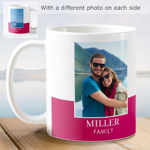 Modern Family Name Custom 2 Photo Pink Coffee Mug