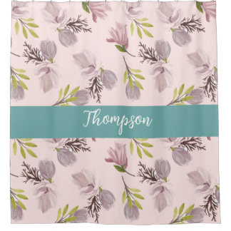 Modern family name cute floral Script pink, blue Shower Curtain
