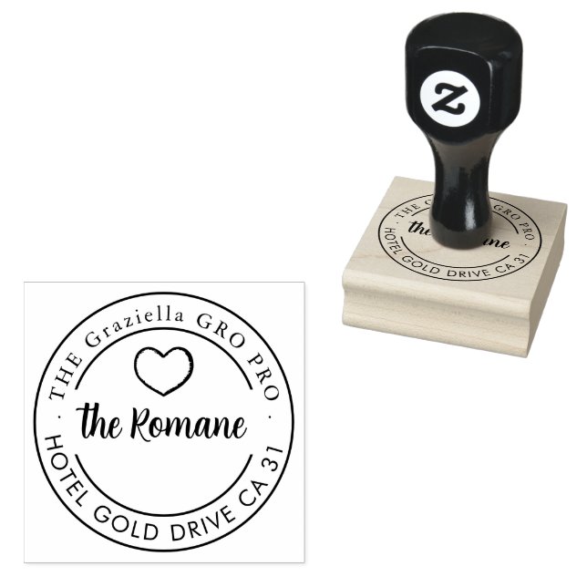  Modern Family Name Heart Return Address Round Rubber Stamp (Stamped)