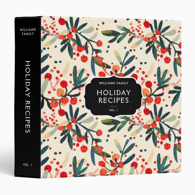 Modern Family Name Holly Berries Holiday Recipe 3 Ring Binder (Front/Spine)