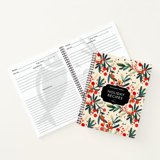 Modern Family Name Holly Berries Holiday Recipe Notebook (Inside)