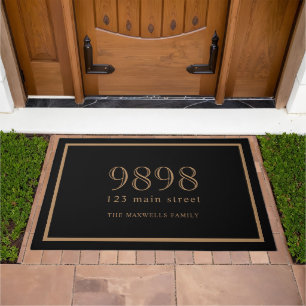 Modern Family Name House Number Address Black Gold Doormat