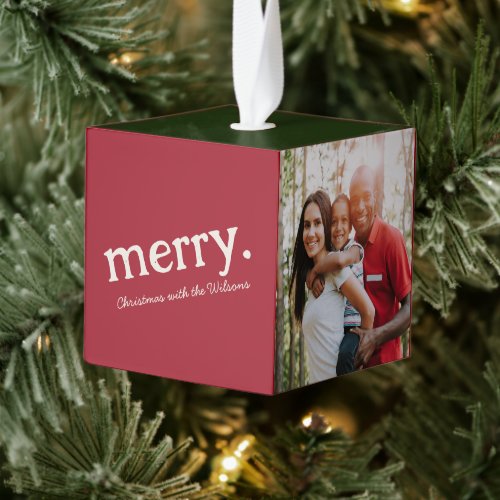 Modern Family Name Minimal Merry Christmas Photo Cube Ornament