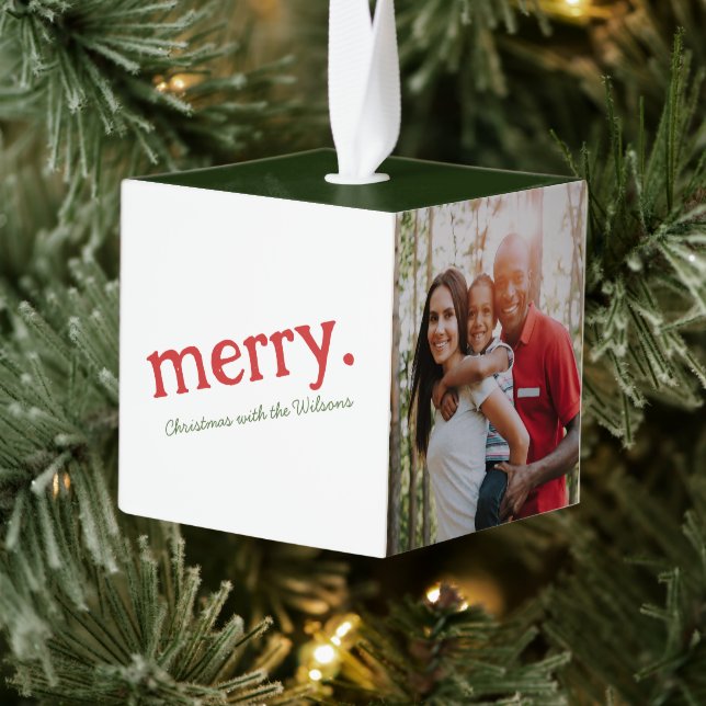 Modern Family Name Minimal Merry Christmas Photo Cube Ornament (Tree)