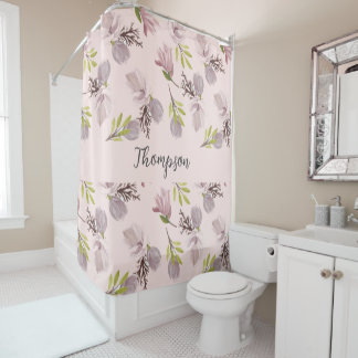 Modern family name Modern stylish script pink Shower Curtain