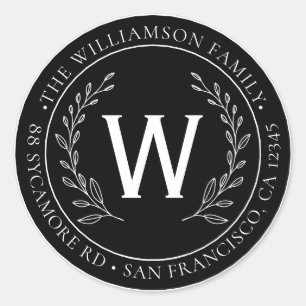 Modern Family Name Monogram Black Return Address Classic Round Sticker