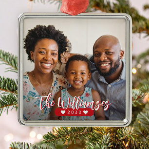 Modern family name personalized photo metal ornament