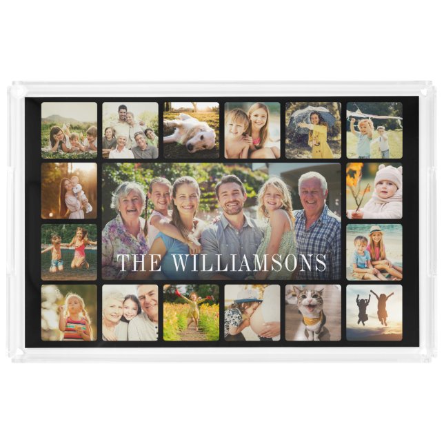 Modern Family Name Photo Collage Keepsake Gift Acrylic Tray (Front)
