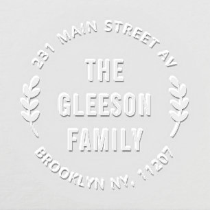 Modern Family Name Return Address Leaves Wreath Embosser
