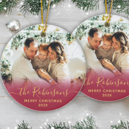 Modern Family Name Script Photo Merry Christmas Ceramic Ornament