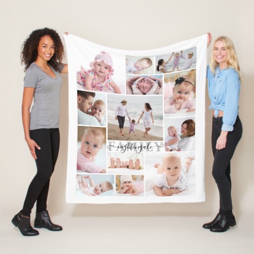 Modern Family Name Unique Photo Collage Script Fleece Blanket